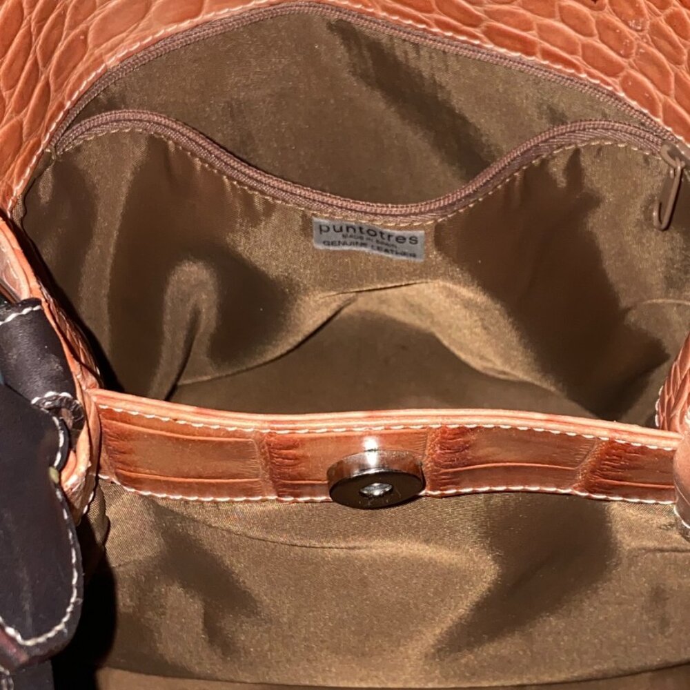 Puntotres Bucket Bag Croc Embossed Leather Pale Sand Brown Accents EUC - Picture 8 of 12